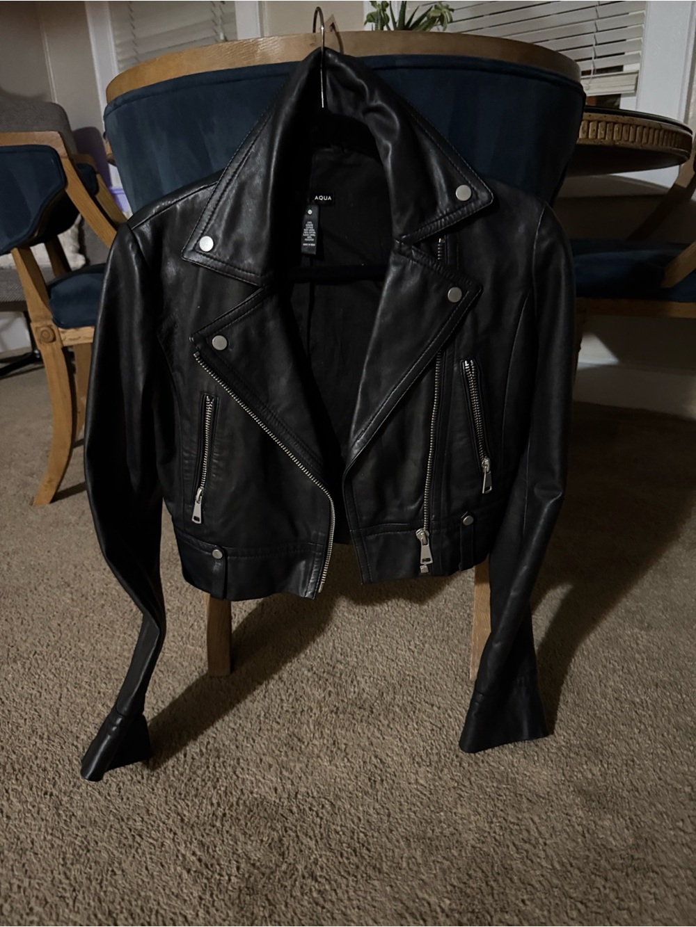 Aqua Black Genuine Leather Moto Jacket